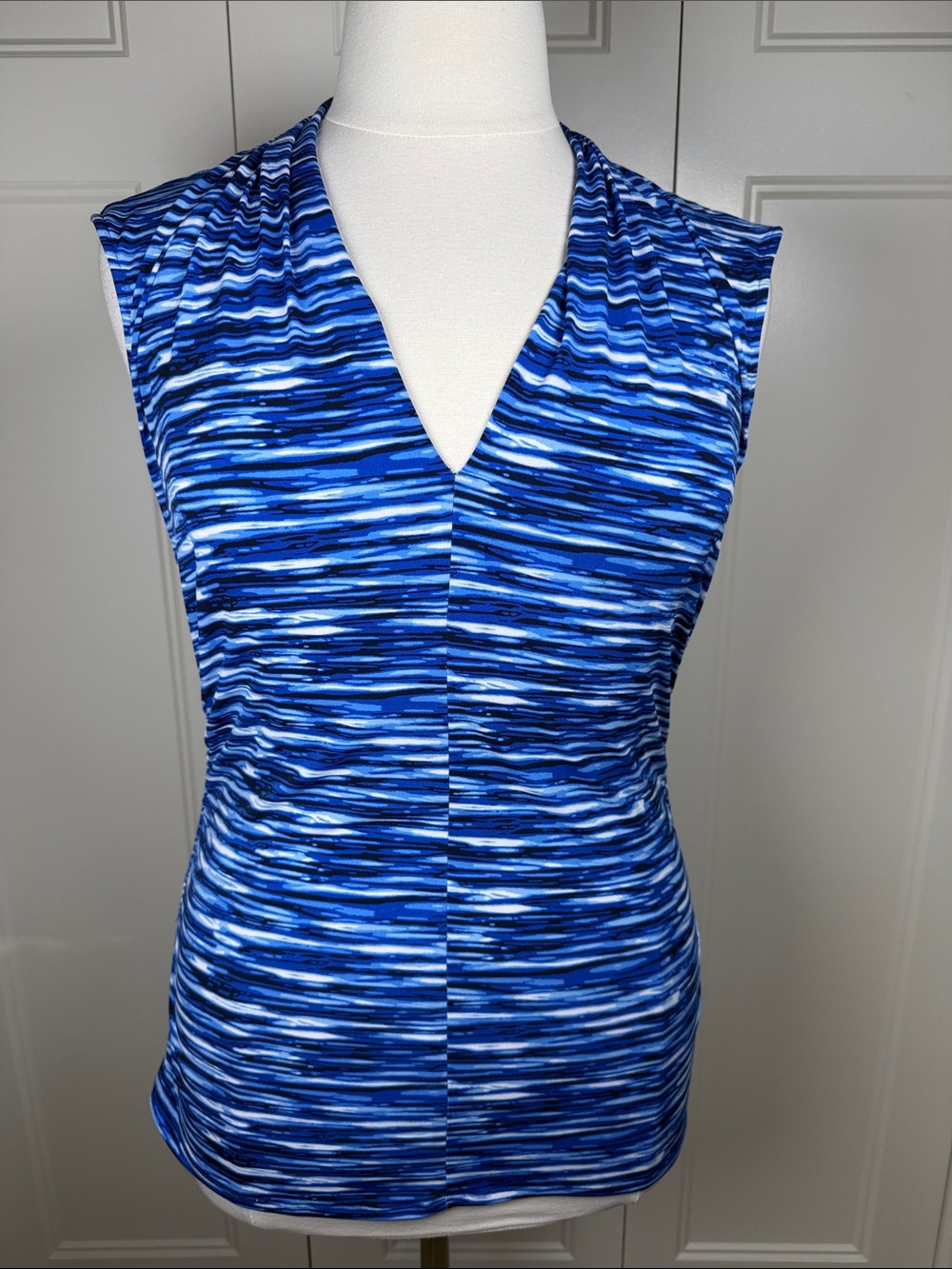 Vince Camuto Blue Multi-Stripe V-Neck Sleeveless Top